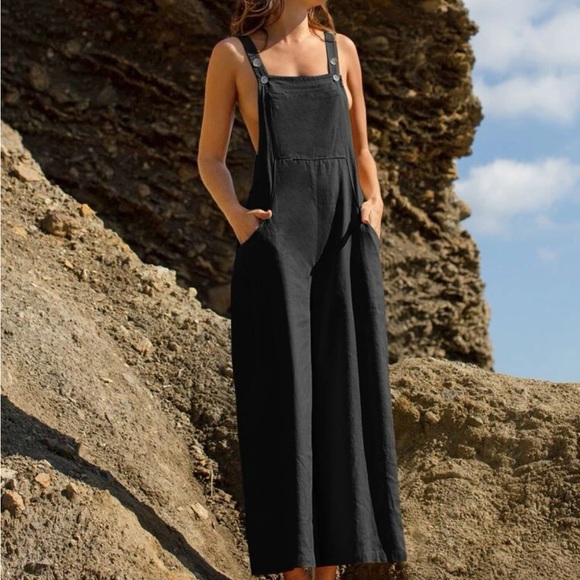 Linen Blend Casual Black Overalls Pockets Jumpsuit Wide Leg - Picture 4 of 7